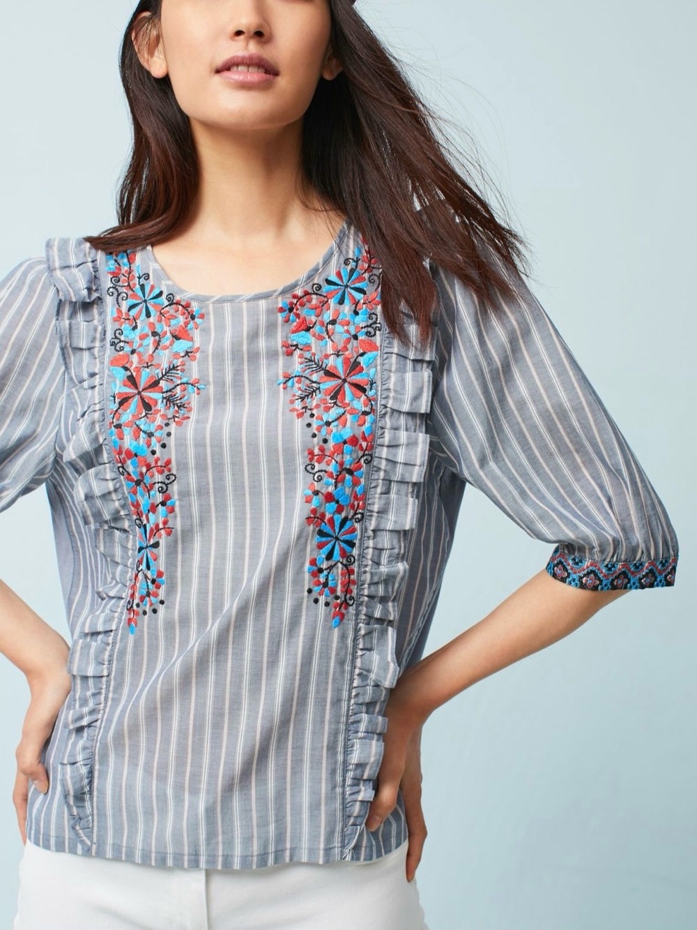 Anthropologie One September Striped Embroidered Ruffle Top Boho Coastal Size S